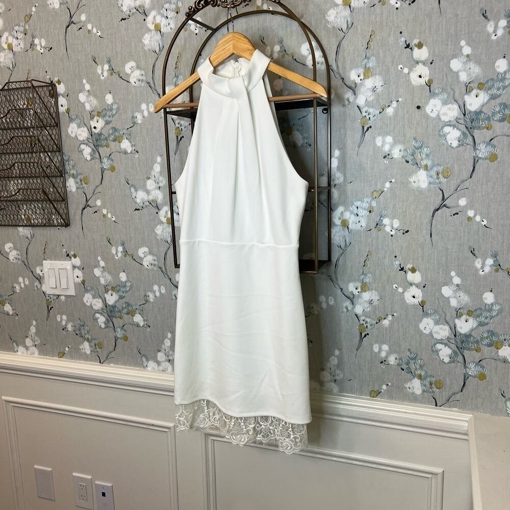 Lulus White Mini Dress with High Neckline and Lace Accent - Size M - Picture 3 of 9